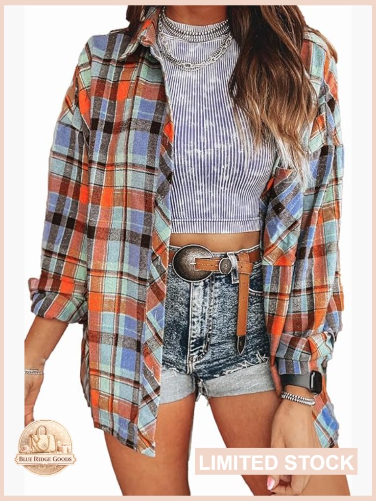 Loose Fit Flannel Button Down Shirt Long Sleeve Plaid Blouse Casual Top